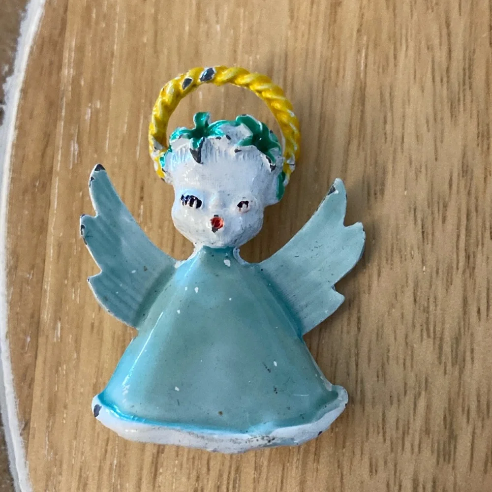 Vintage angel brooch halo light green dress and wings Christmas pin
